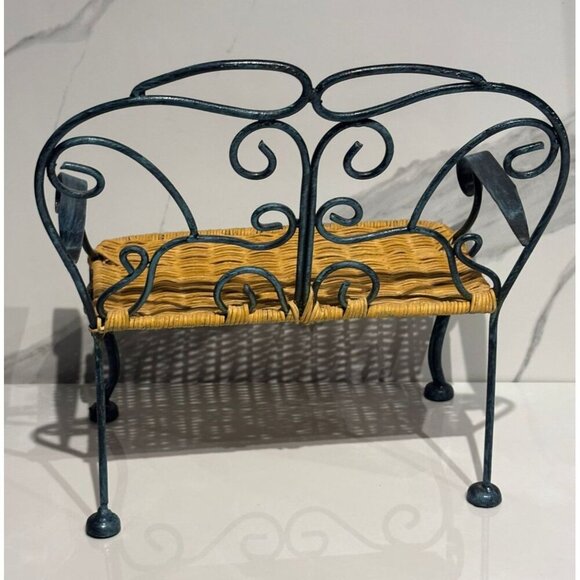 Vintage Metal Wicker Doll Bench Black Scroll Miniature Chair 12" Shabby Chic - Picture 3 of 9